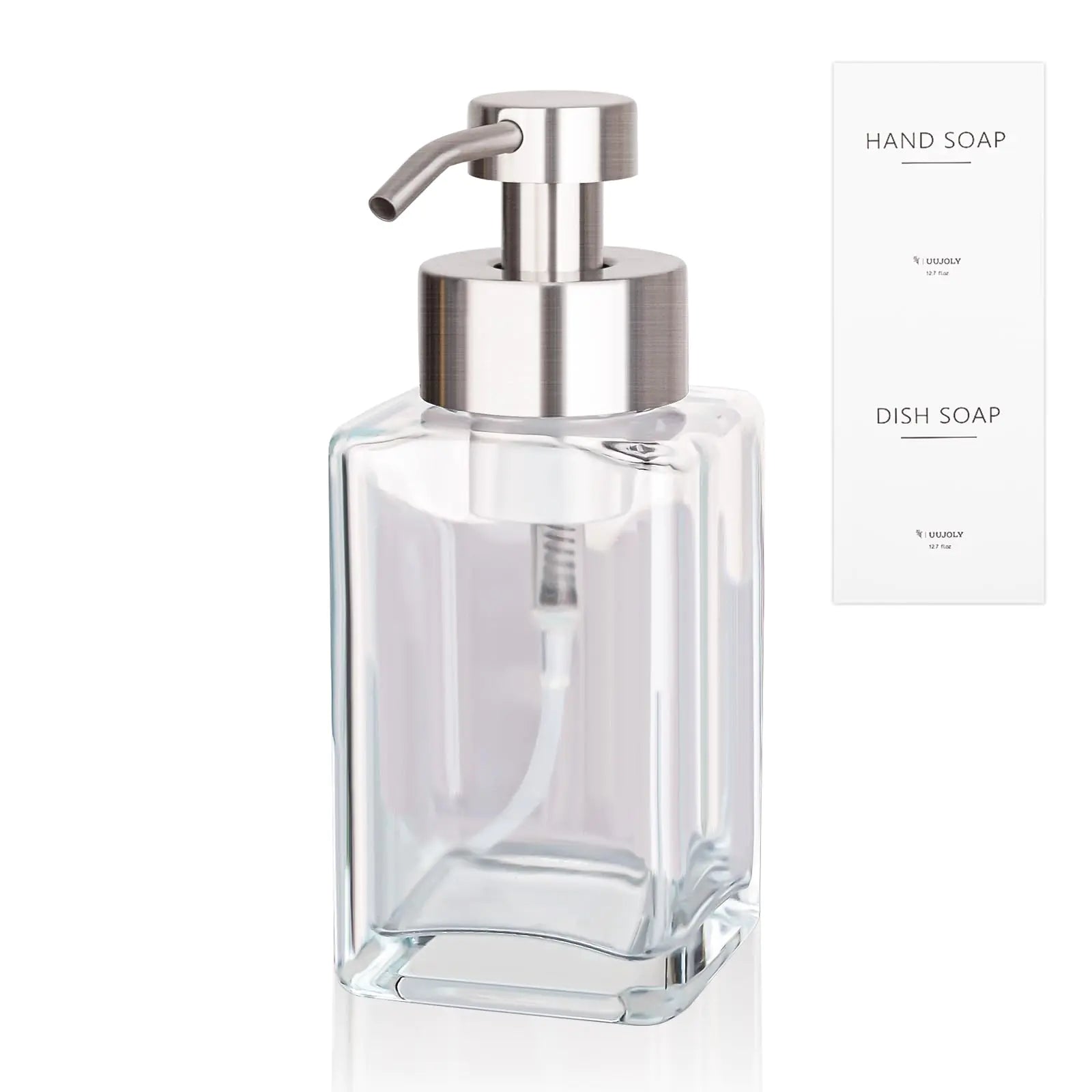 Dispensador de jabón espumoso con bomba de acero inoxidable, botellas de jabón líquido para platos de vidrio rellenables de 12 oz para baño, cocina, fregadero, decoración del hogar